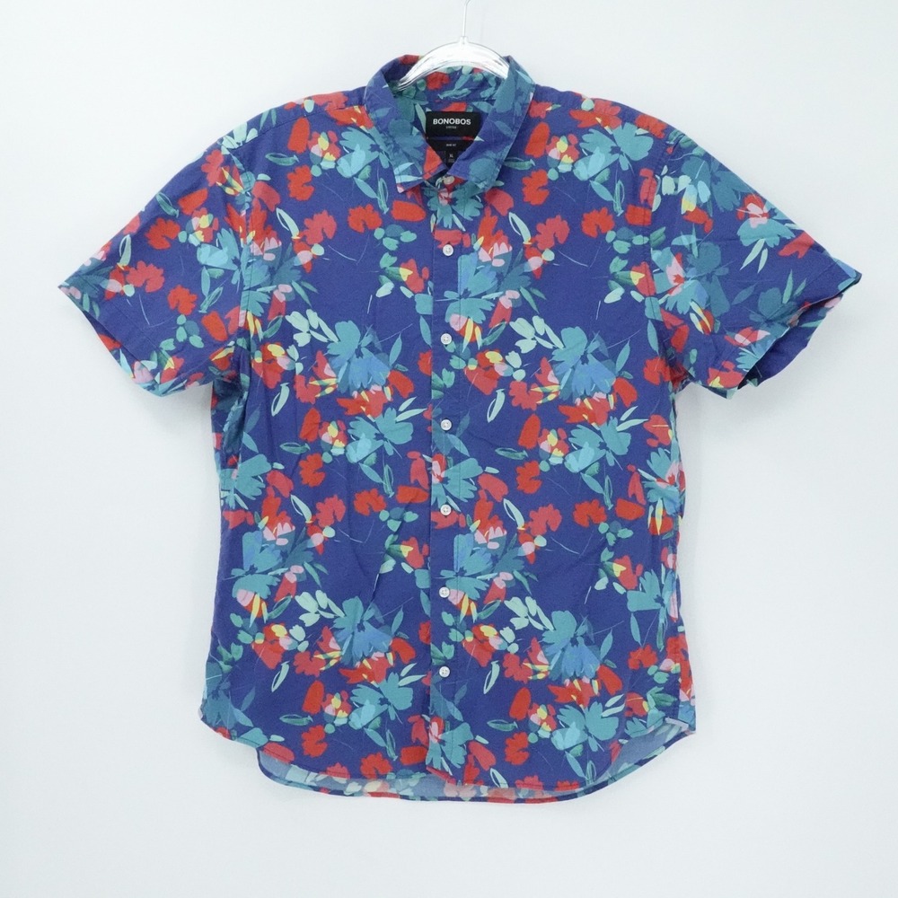 Bonobos Shirt Mens Extra Large Blue Floral Hawaiian Resort‎ Stretch Slim Fit